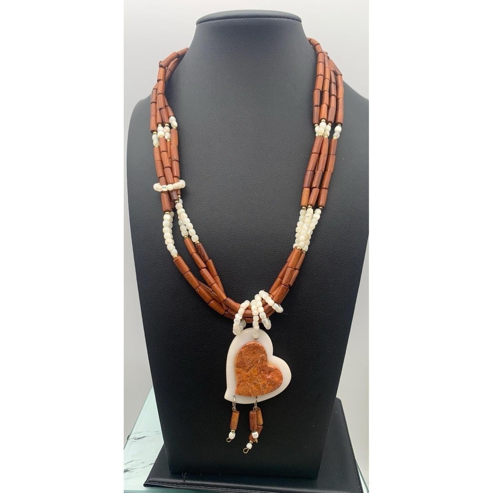 Vintage Native American Style Wood Multi Layered Necklace W Stone Heart Pendant